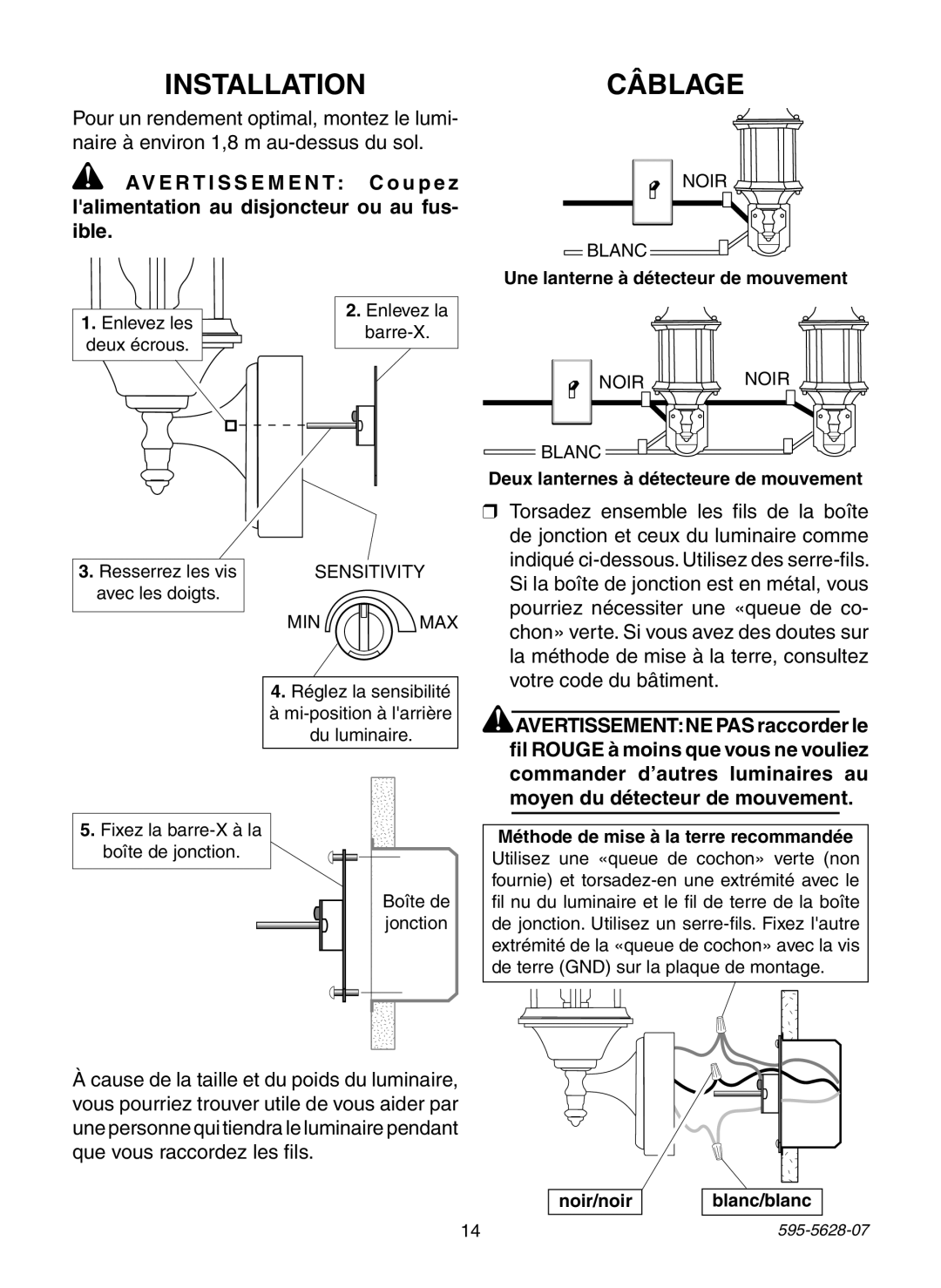 Heath Zenith SL-4190 manual Installation, Câblage, Une lanterne à détecteur de mouvement 