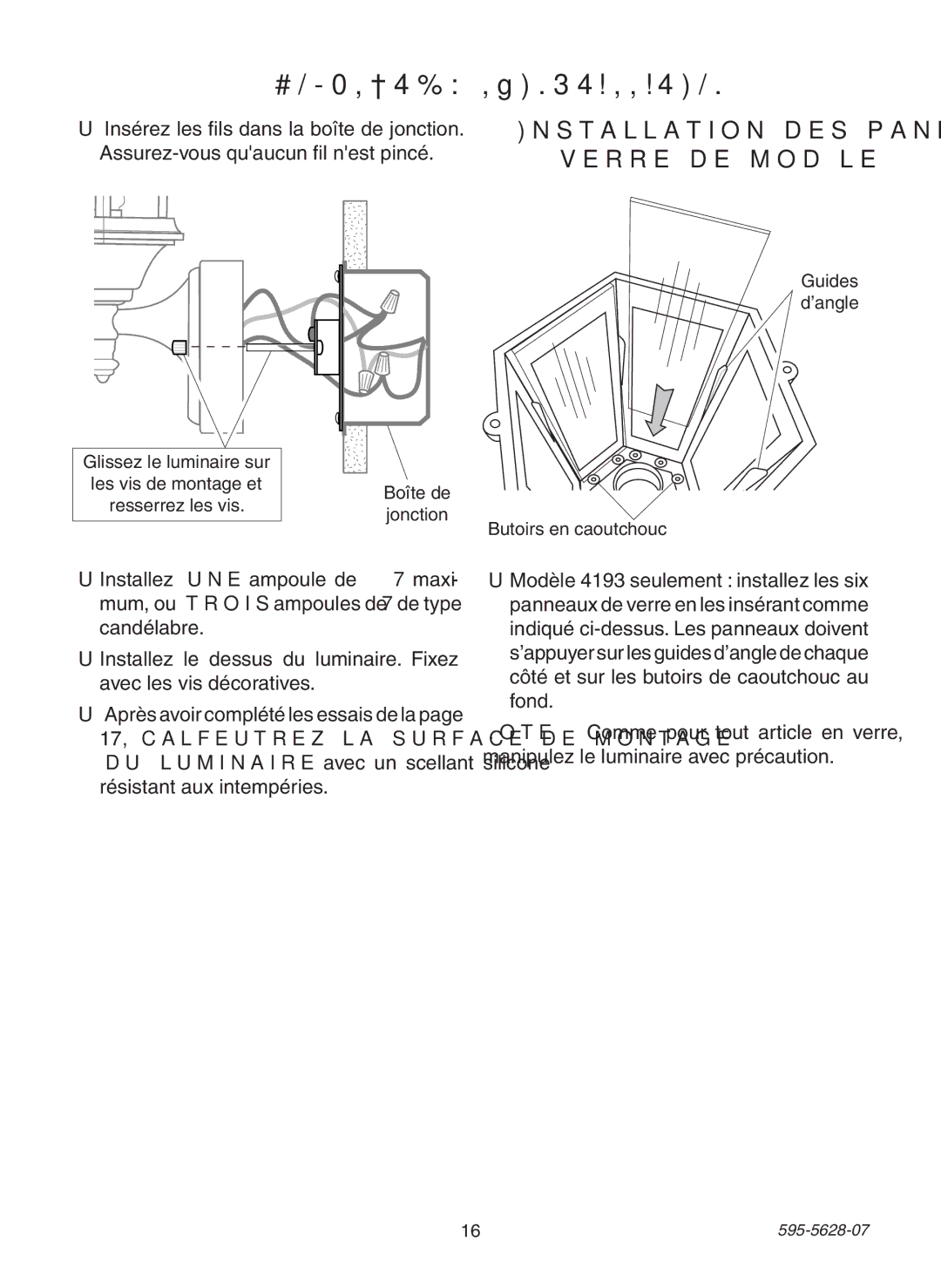 Heath Zenith SL-4190 manual Complétez Linstallation, Installation des panneaux de Verre de modèle 