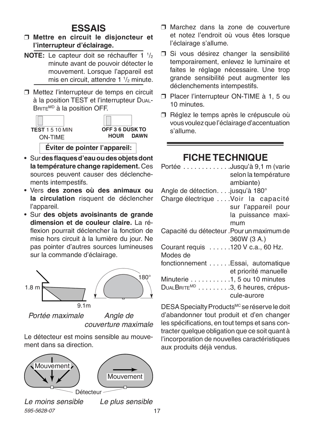 Heath Zenith SL-4190 manual Essais, Fiche Technique 