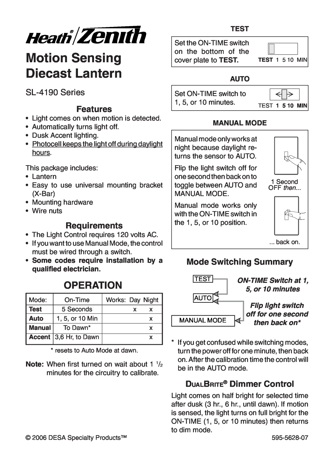 Heath Zenith manual Motion Sensing Diecast Lantern, Operation, SL-4190 Series, Features, Requirements, Test, Auto 