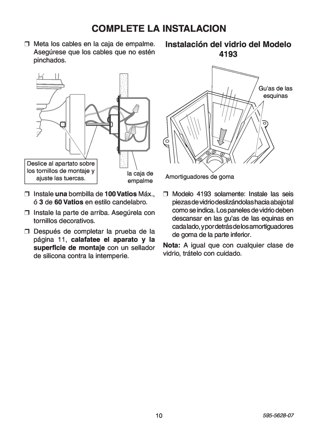 Heath Zenith SL-4190 manual Complete La Instalacion, Instalación del vidrio del Modelo 4193 