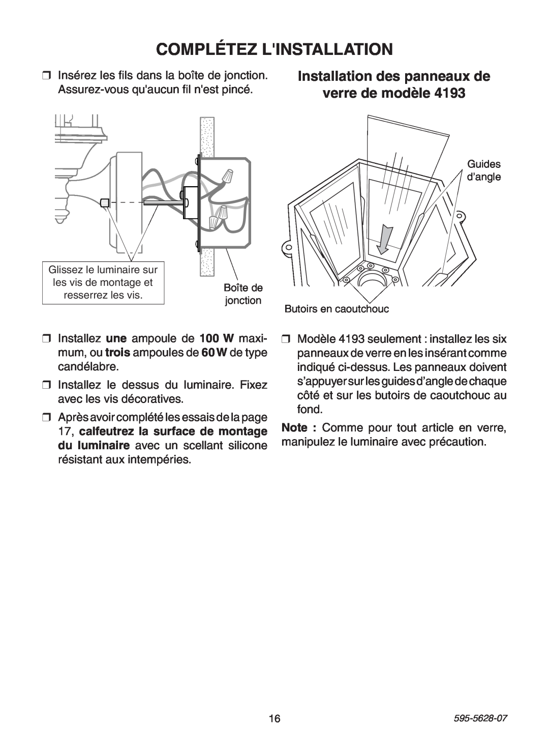 Heath Zenith SL-4190 manual Complétez Linstallation, Installation des panneaux de verre de modèle 