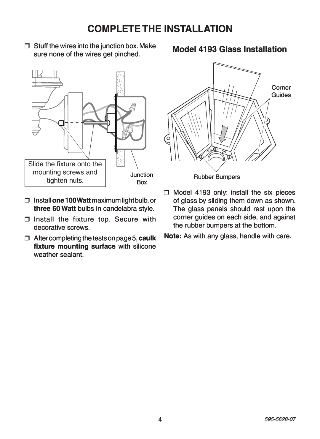 Heath Zenith SL-4190 manual Complete The Installation, Model 4193 Glass Installation 