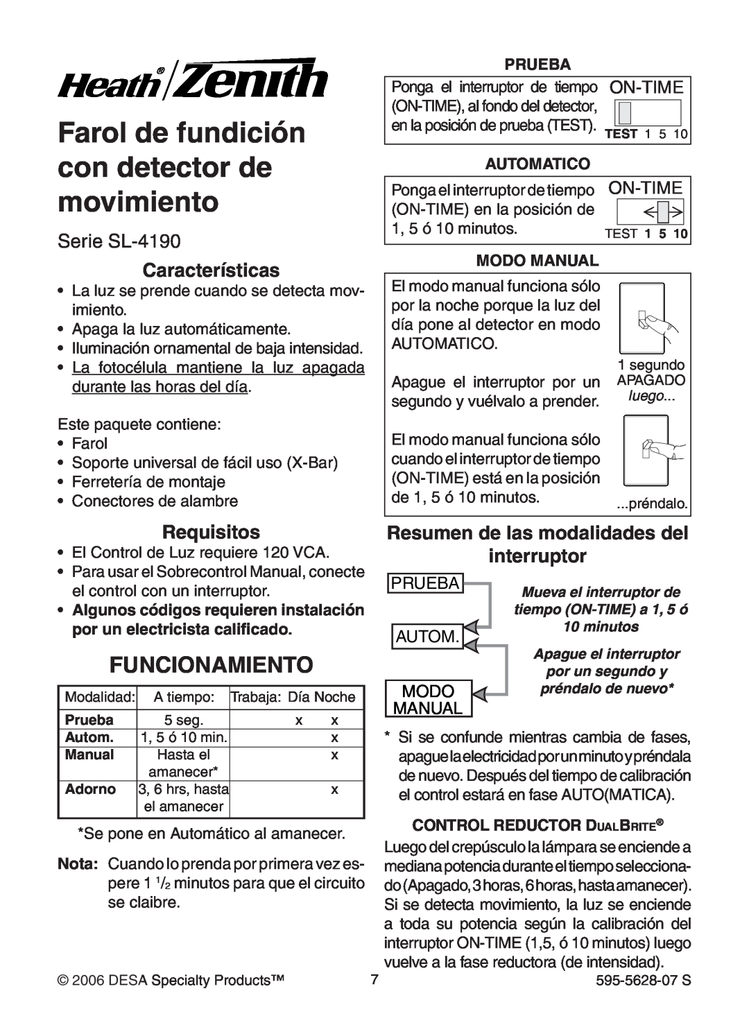 Heath Zenith Farol de fundición con detector de movimiento, Funcionamiento, Serie SL-4190, Características, Requisitos 