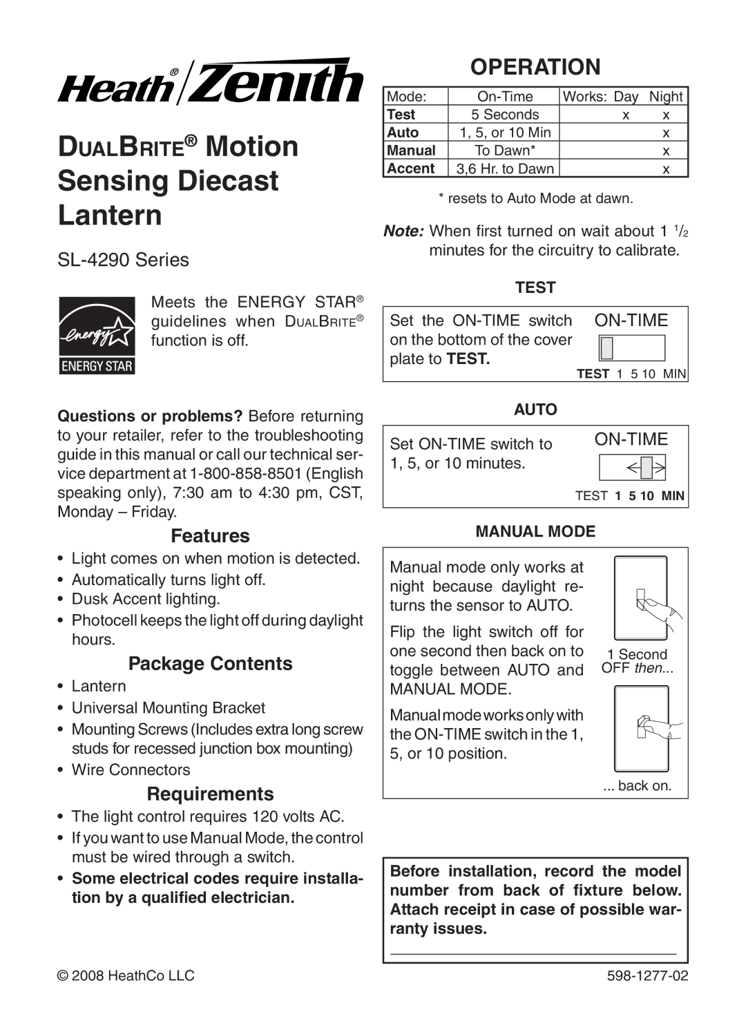 Heath Zenith SL-4290 Series warranty DualBrite Motion Sensing Diecast Lantern, Operation 