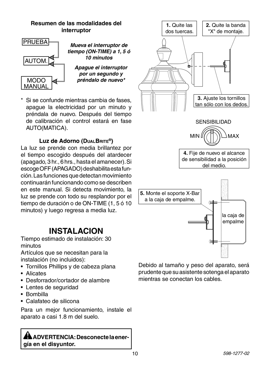 Heath Zenith SL-4290 Series warranty Instalacion, Resumen de las modalidades del Interruptor, Luz de Adorno DualBrite 