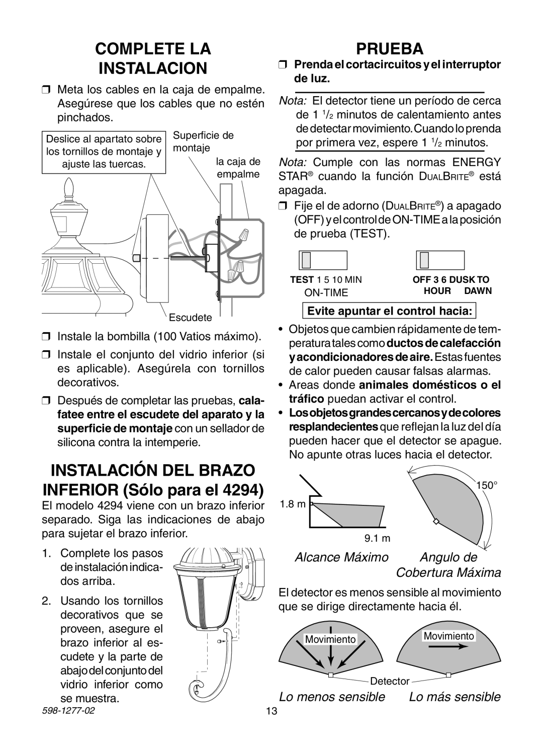 Heath Zenith SL-4290 Series warranty Complete LA Instalacion, Prueba, Alcance Máximo Angulo de Cobertura Máxima 