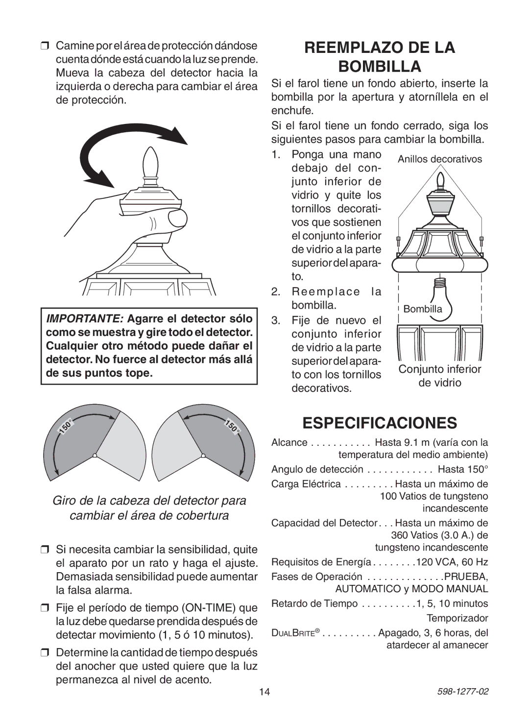 Heath Zenith SL-4290 Series warranty Reemplazo DE LA Bombilla, Especificaciones 