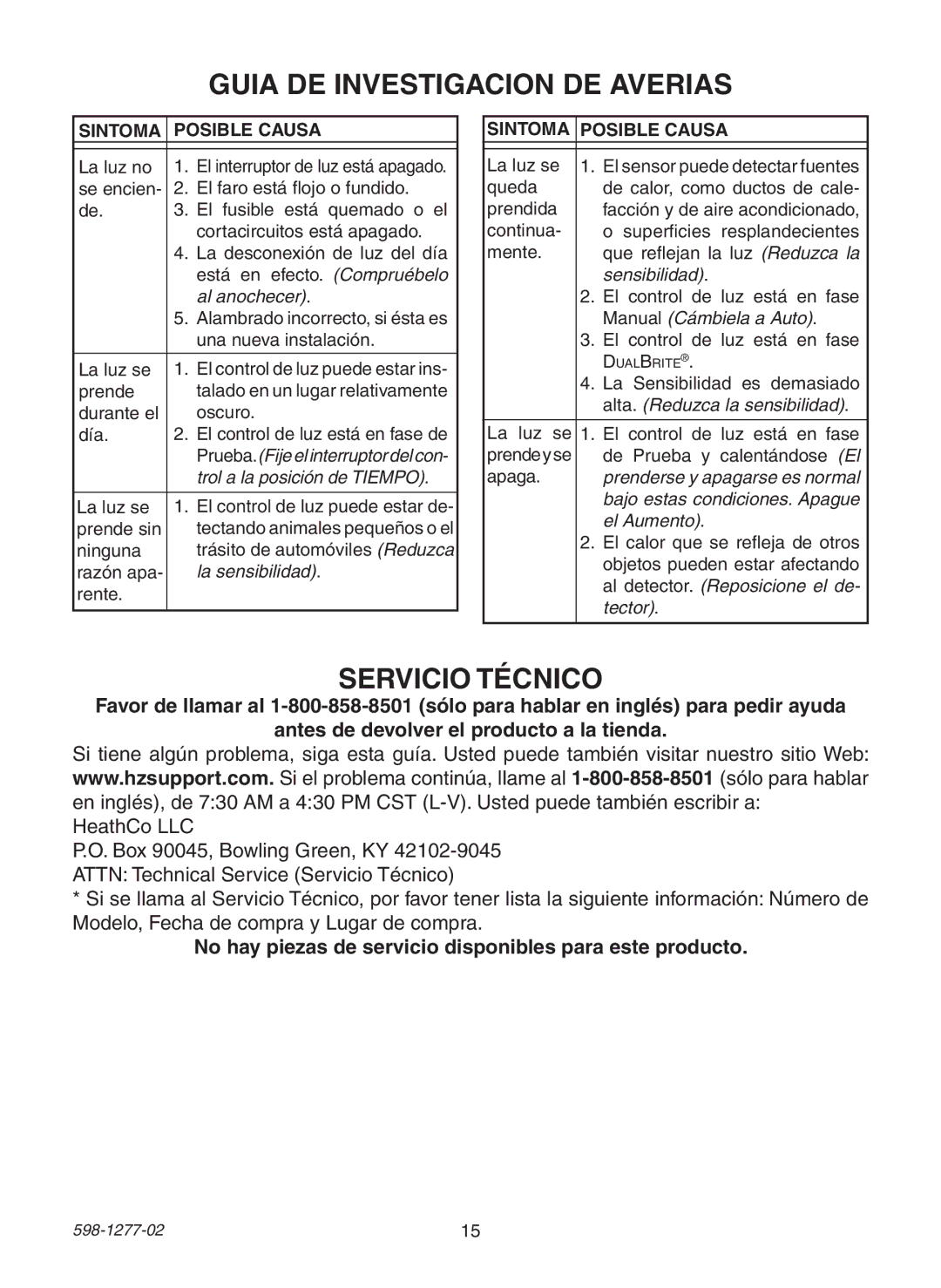 Heath Zenith SL-4290 Series warranty Guia DE Investigacion DE Averias, Servicio Técnico 