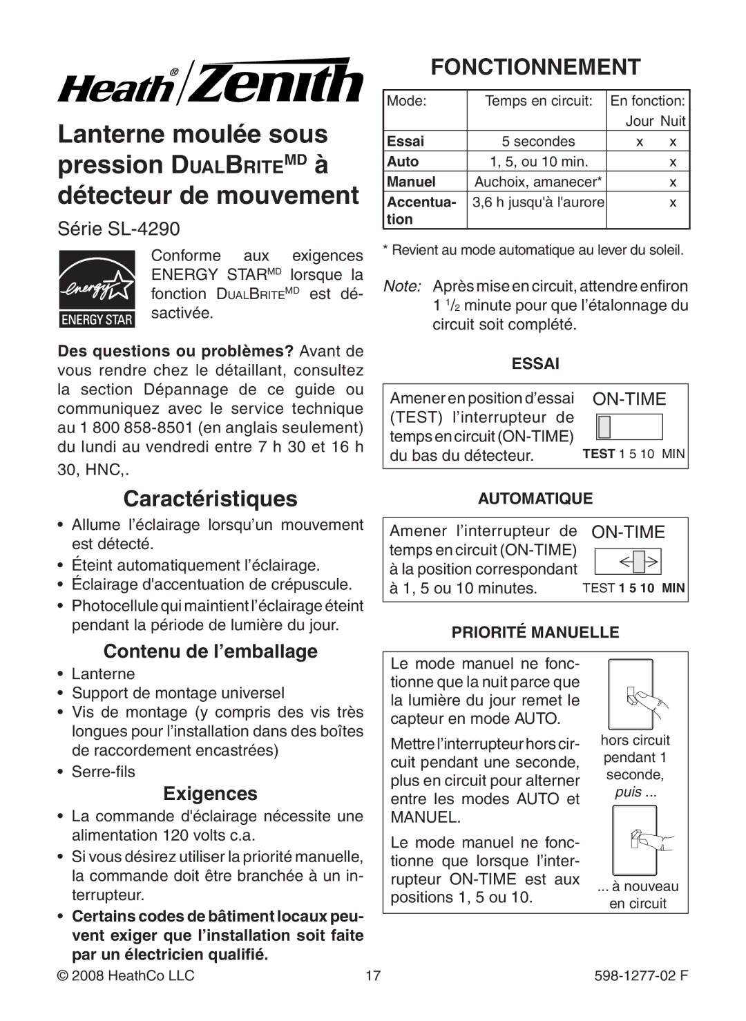 Heath Zenith SL-4290 Series warranty Caractéristiques, Fonctionnement 