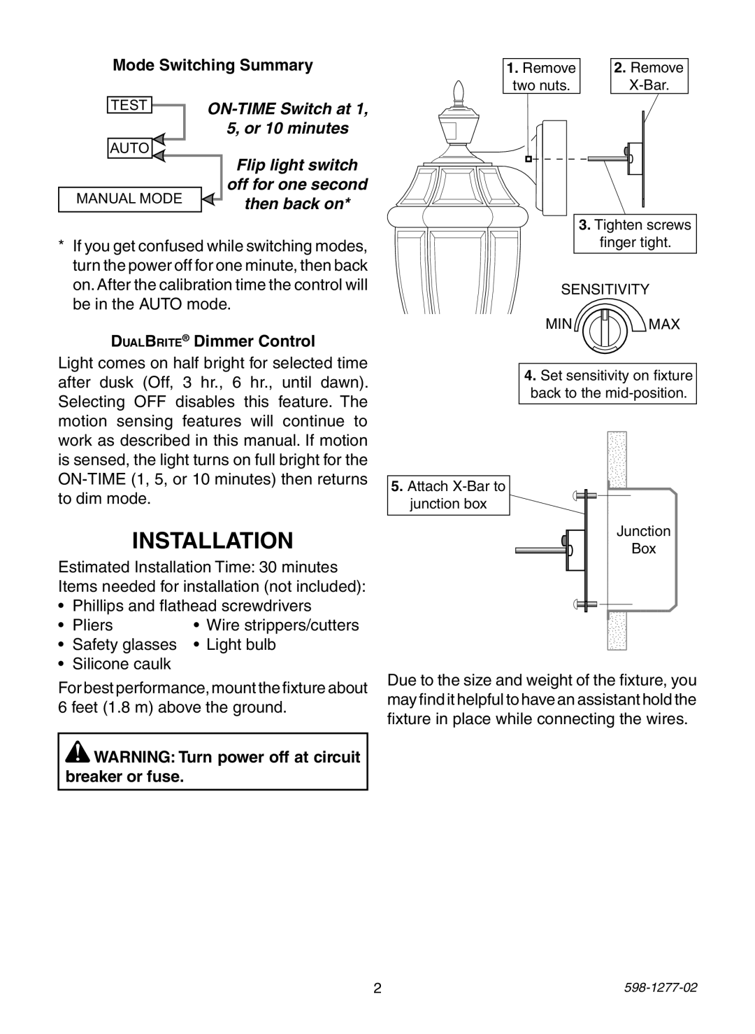 Heath Zenith SL-4290 Series warranty Installation, Mode Switching Summary, DualBrite Dimmer Control 