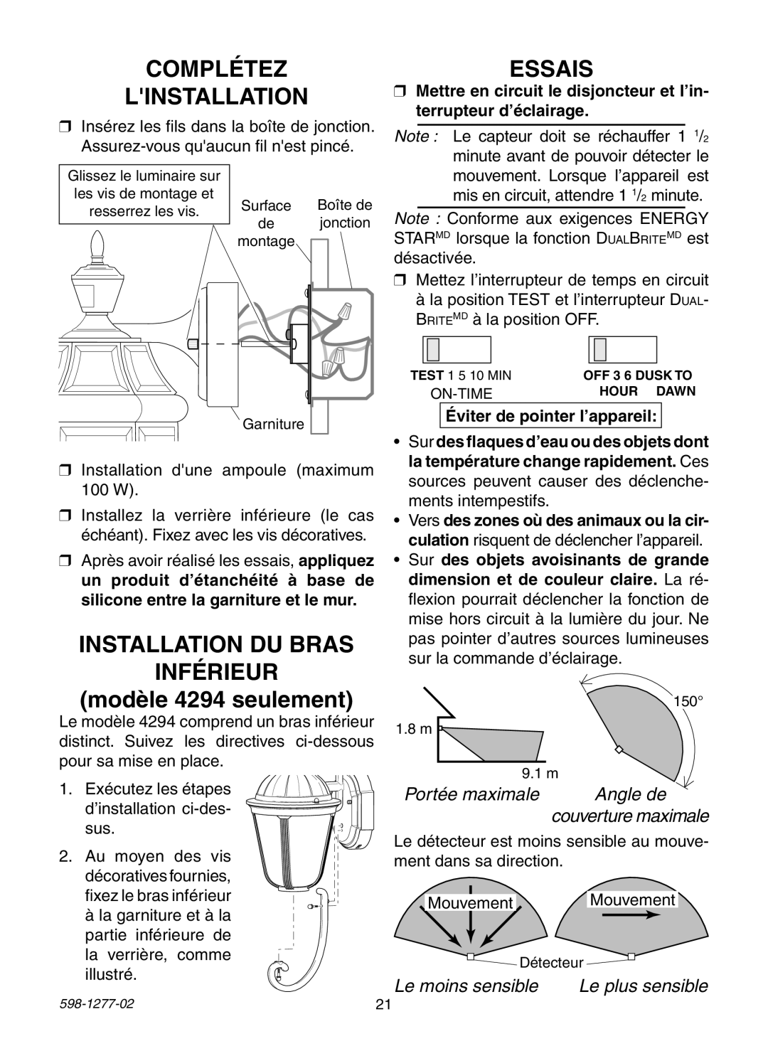 Heath Zenith SL-4290 Series warranty Complétez Linstallation, Installation DU Bras Inférieur, Modèle 4294 seulement, Essais 