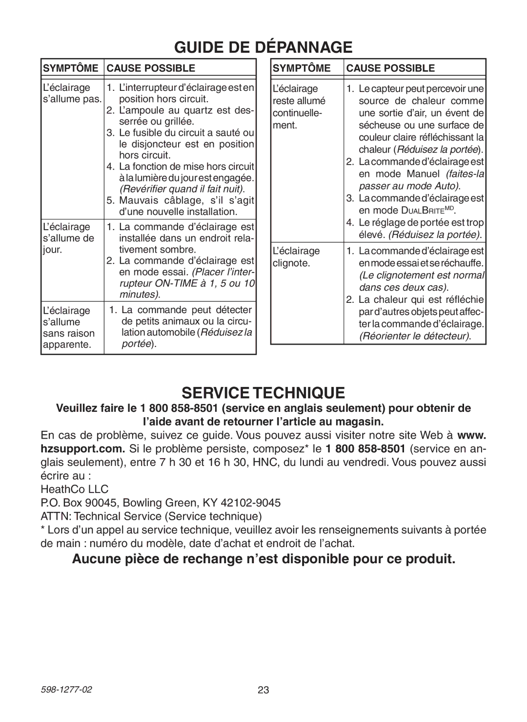 Heath Zenith SL-4290 Series warranty Guide DE Dépannage, Service Technique 