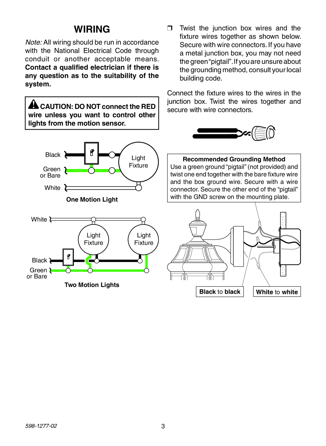 Heath Zenith SL-4290 Series warranty Wiring, Two Motion Lights Recommended Grounding Method 