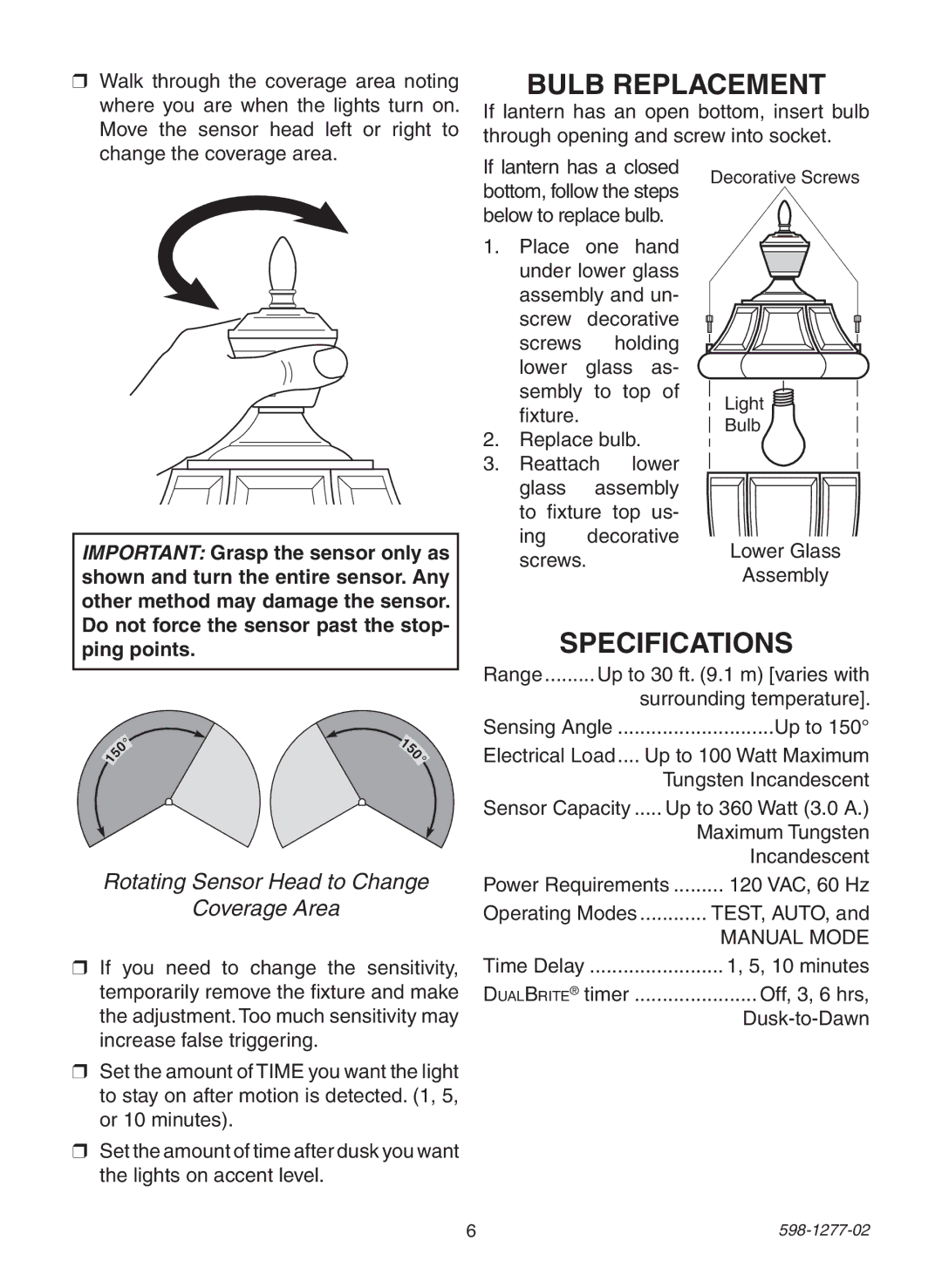 Heath Zenith SL-4290 Series Bulb Replacement, Specifications, Rotating Sensor Head to Change Coverage Area, Ping points 