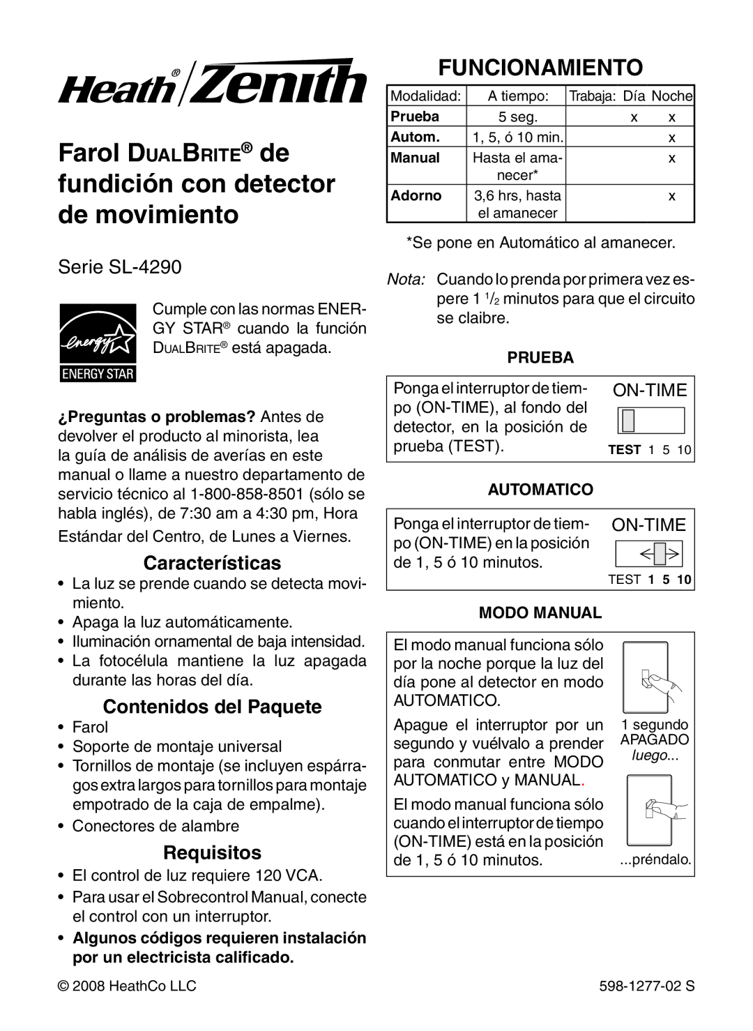 Heath Zenith SL-4290 Series warranty Farol DualBrite de fundición con detector de movimiento, Funcionamiento 