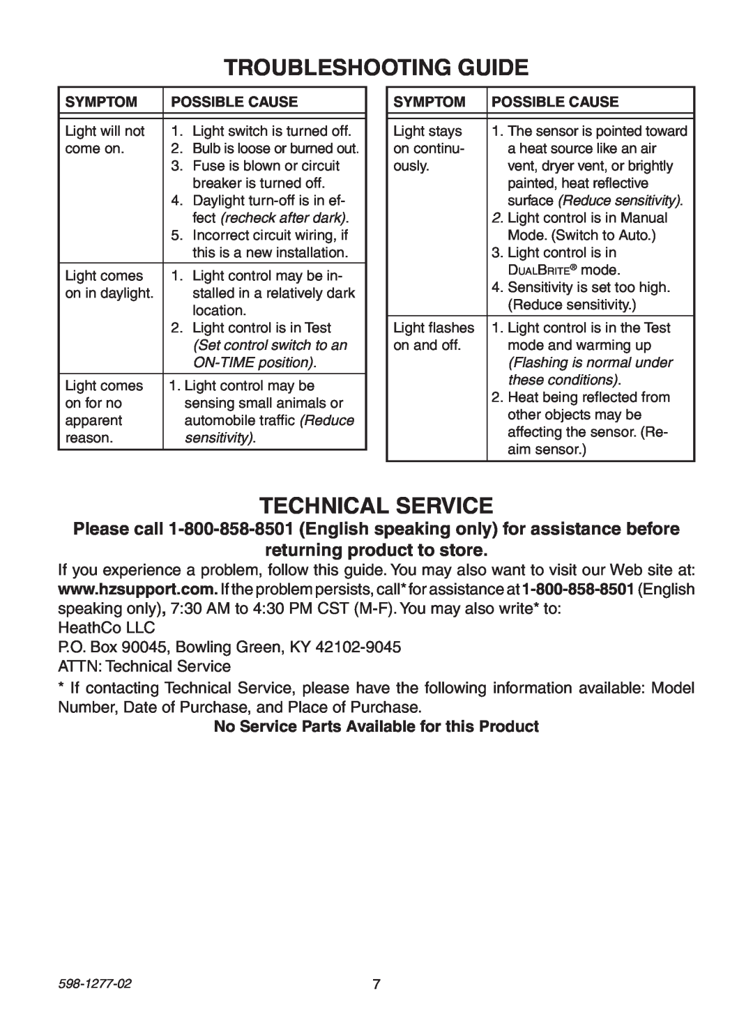 Heath Zenith SL-4290 Series Troubleshooting Guide, Technical Service, No Service Parts Available for this Product, Symptom 