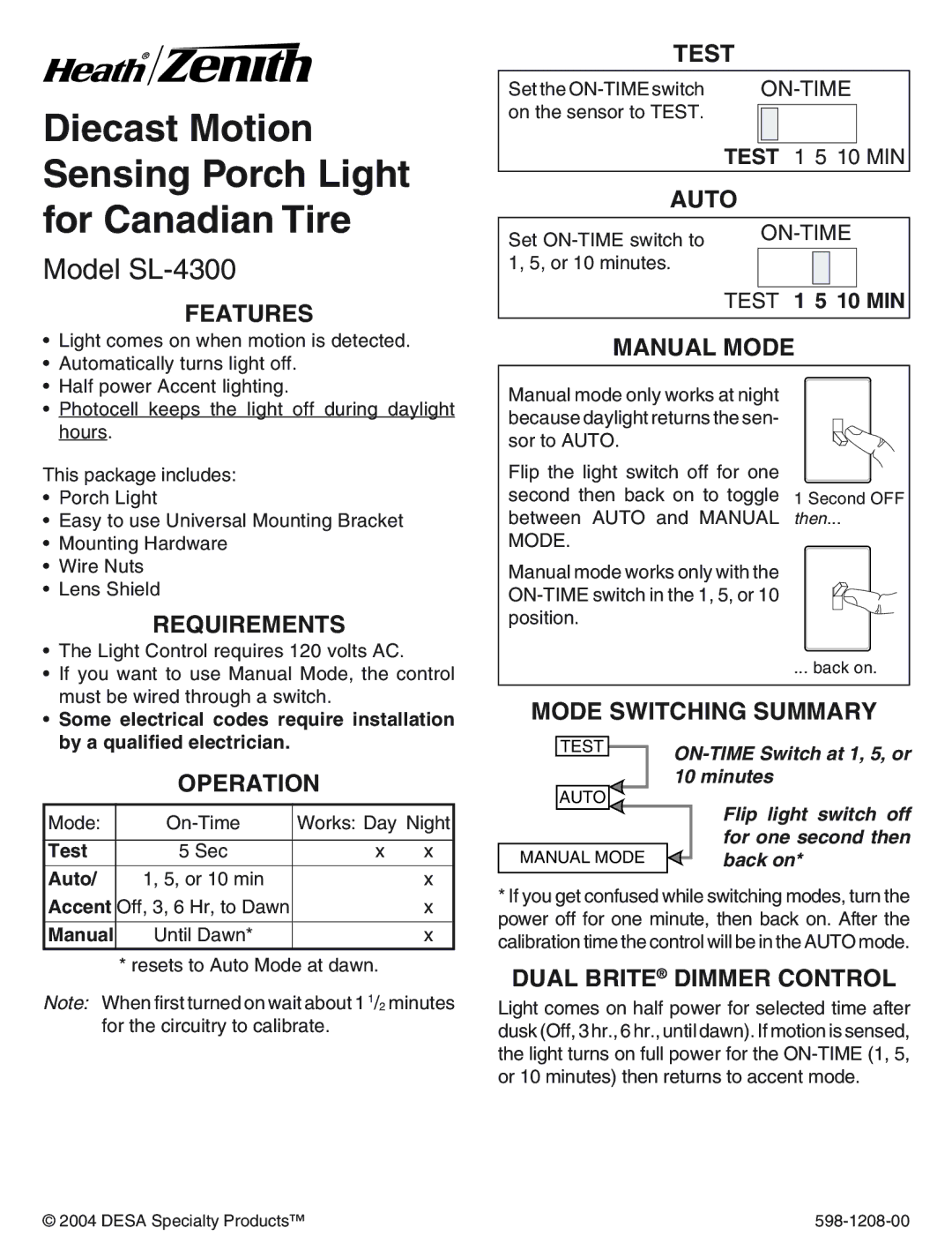 Heath Zenith SL-4300 manual Features, Test, Auto, Manual Mode, Requirements, Operation, Mode Switching Summary 