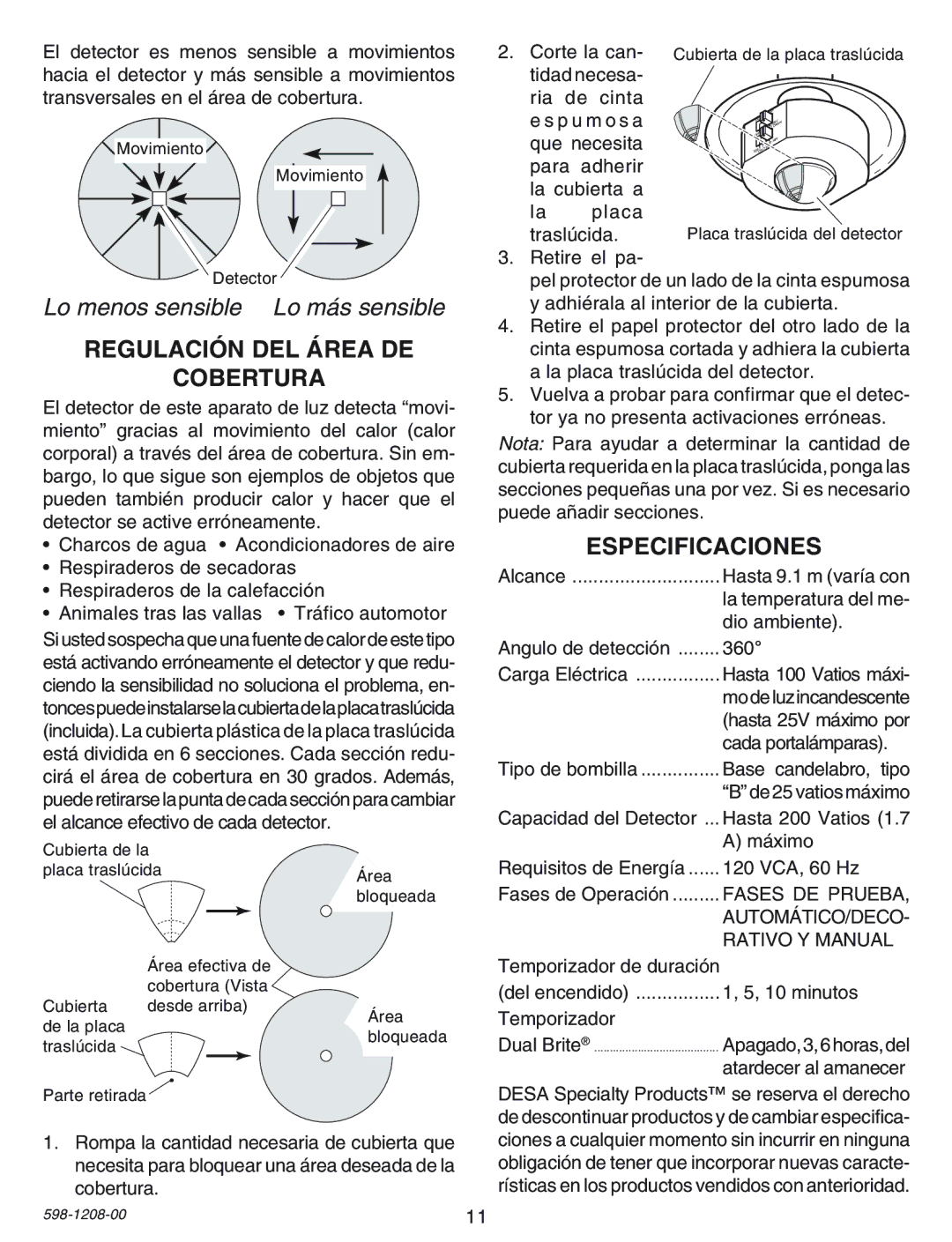 Heath Zenith SL-4300 manual Regulación DEL Área DE Cobertura, Especificaciones 