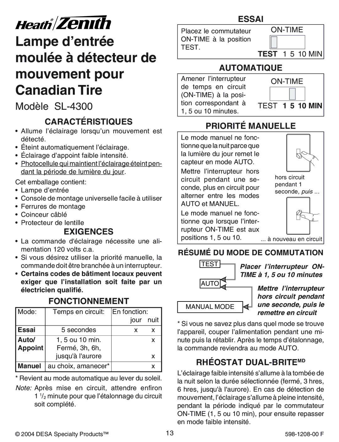 Heath Zenith SL-4300 manual Caractéristiques, Essai, Automatique, Priorité Manuelle, Exigences, Fonctionnement 