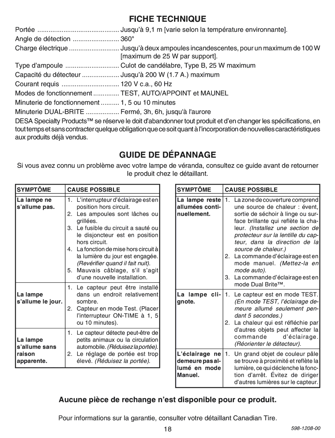 Heath Zenith SL-4300 manual Fiche Technique, Guide DE Dépannage, Aucune pièce de rechange n’est disponible pour ce produit 