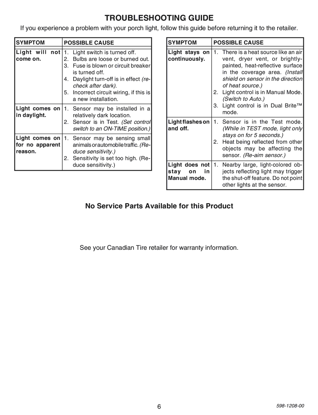 Heath Zenith SL-4300 manual Troubleshooting Guide, No Service Parts Available for this Product 