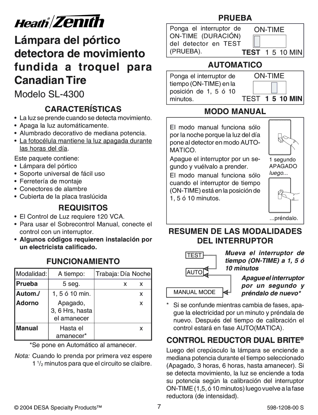 Heath Zenith SL-4300 manual Características Prueba, Automatico, Modo Manual, Requisitos, Funcionamiento 