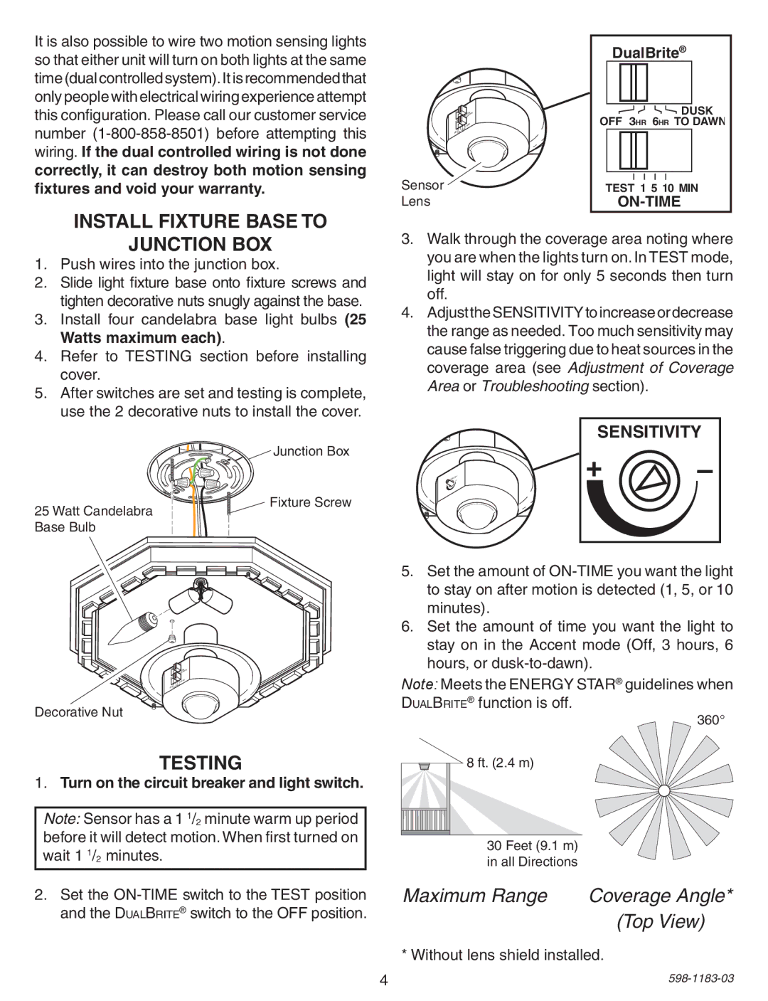 Heath Zenith SL-4300 warranty Install Fixture Base to, Junction Box, Testing, DualBrite 