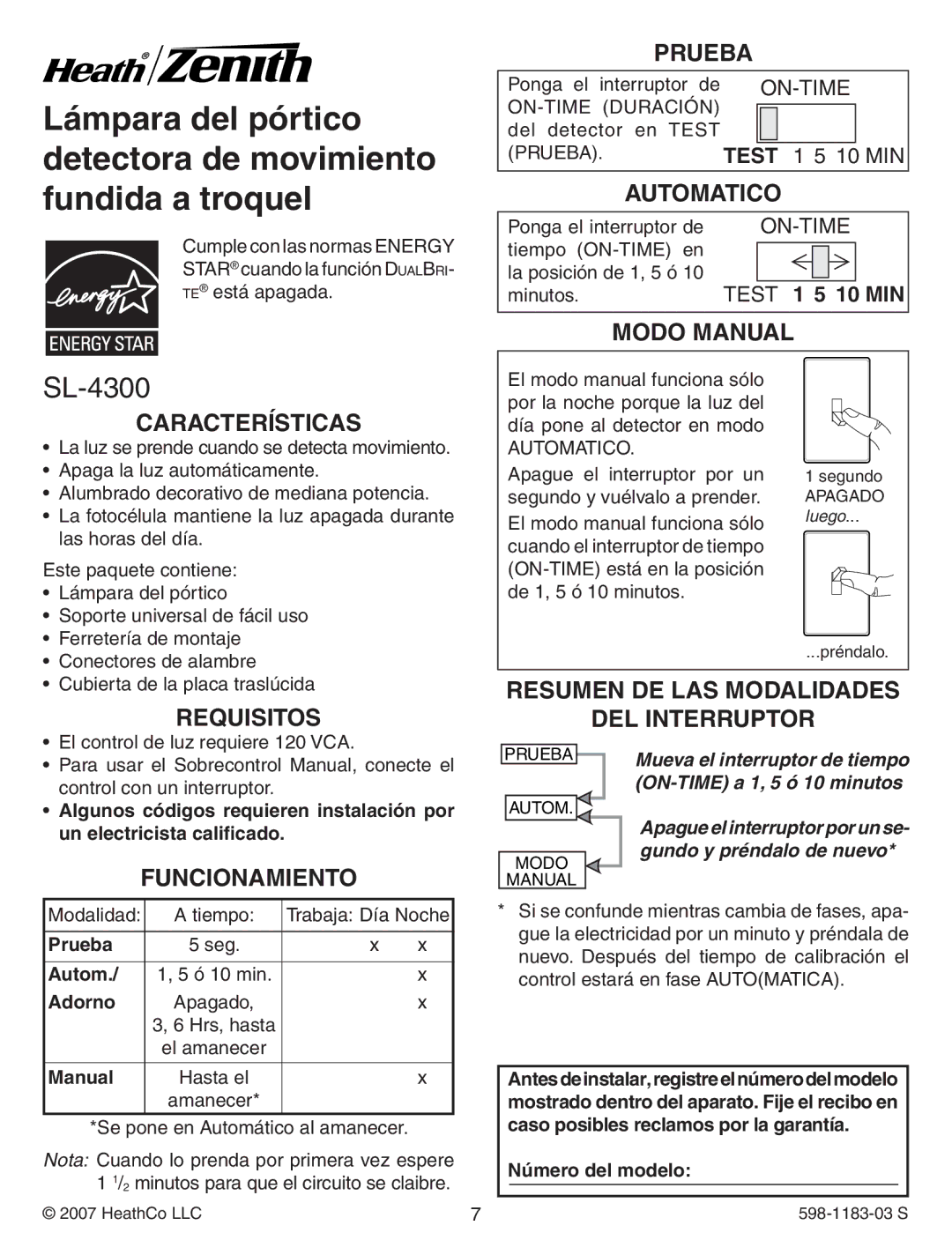 Heath Zenith SL-4300 warranty Prueba, Automatico, Modo Manual, Funcionamiento 