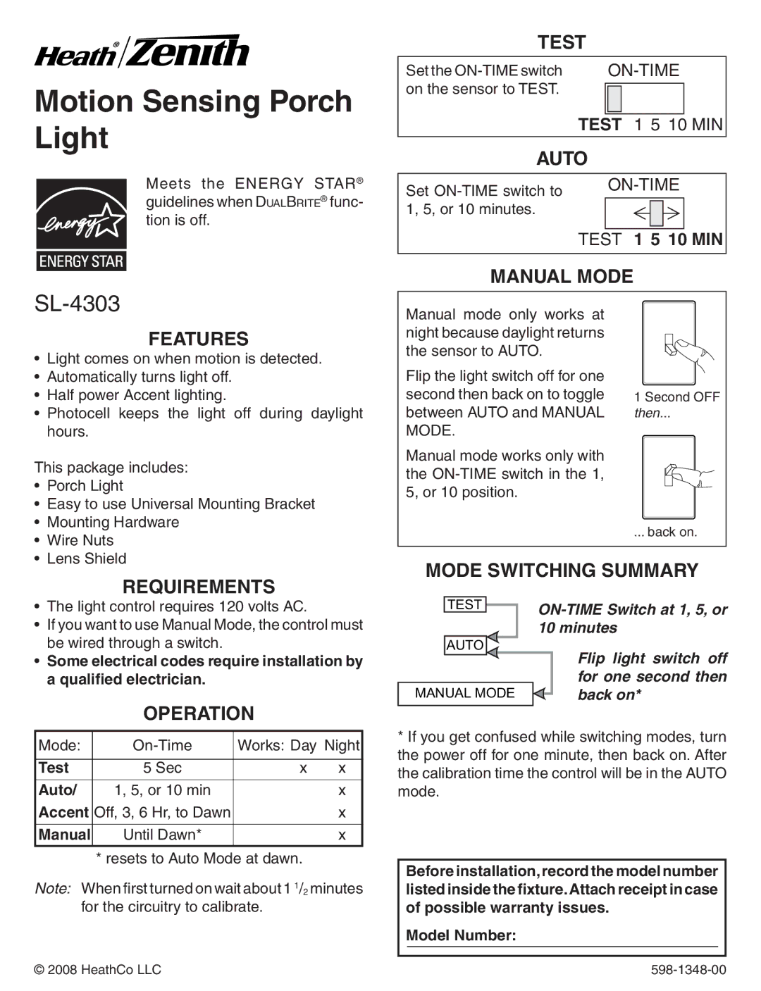 Heath Zenith SL-4303 warranty Test, Auto, Manual Mode, Operation 