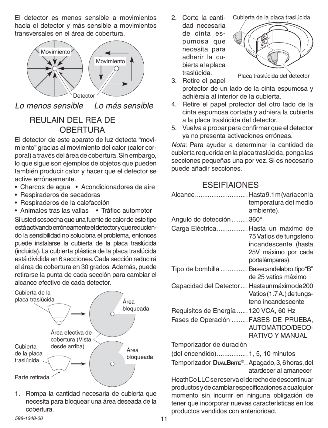 Heath Zenith SL-4303 warranty Regulación DEL Área DE Cobertura, Especificaciones 