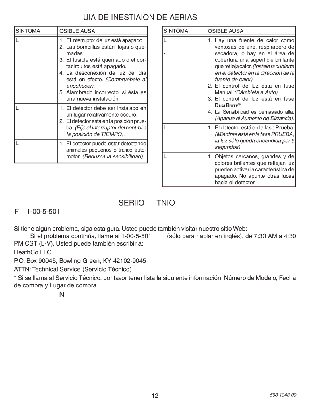 Heath Zenith SL-4303 warranty Guia DE Investigacion DE Averias, Servicio Técnico 