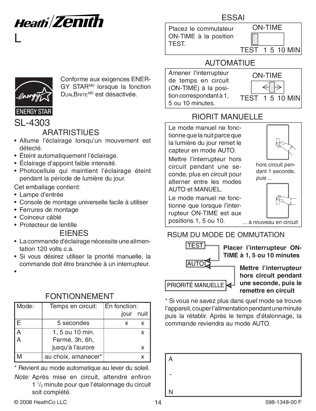 Heath Zenith SL-4303 warranty Essai, Automatique, Priorité Manuelle, Fonctionnement 