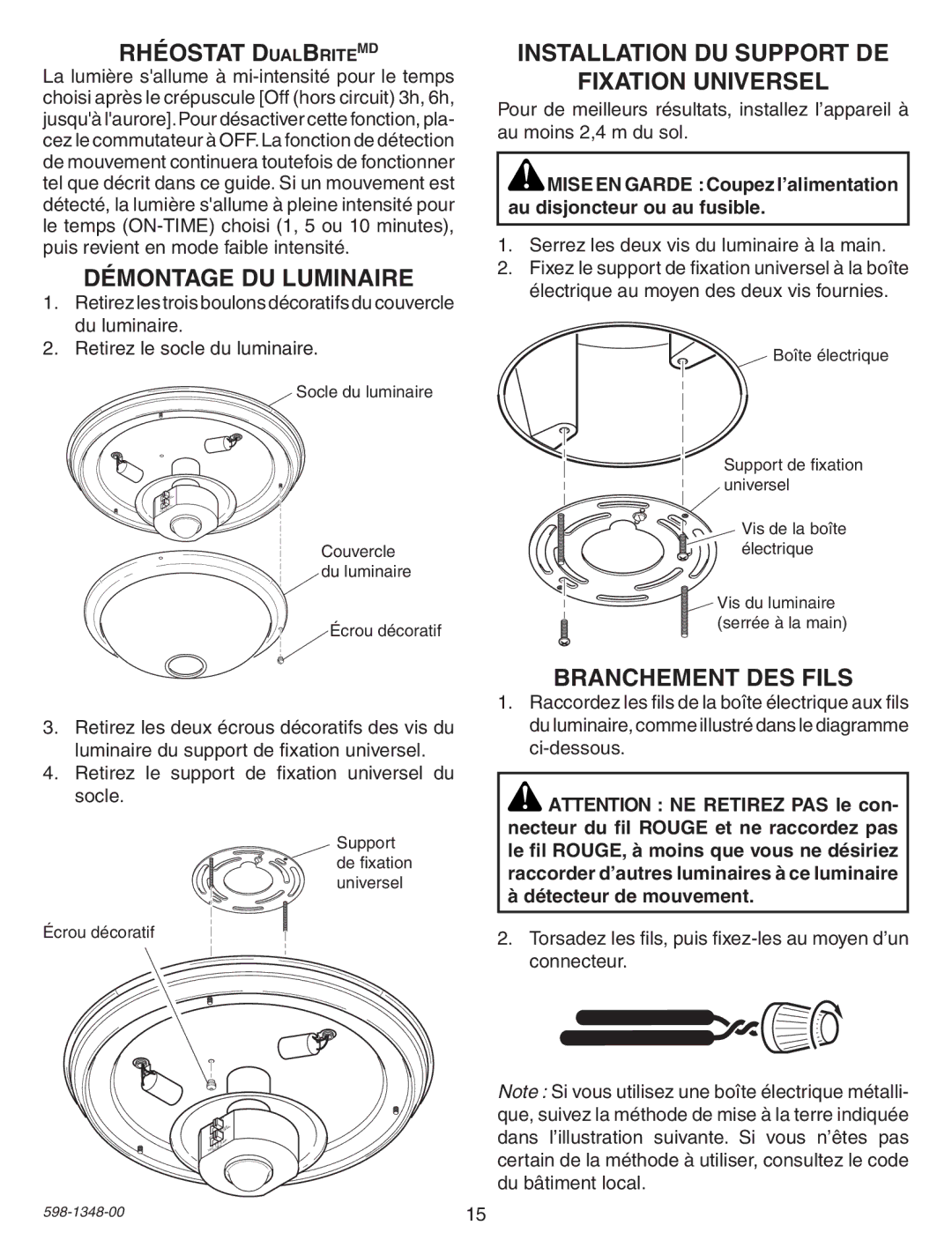 Heath Zenith SL-4303 warranty Rhéostat DualBriteMD, Démontage DU Luminaire, Installation DU Support DE Fixation Universel 