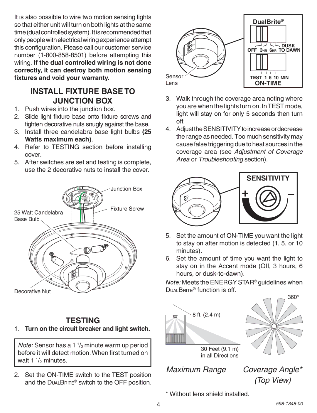 Heath Zenith SL-4303 warranty Install Fixture Base to, Junction Box, Testing, DualBrite 