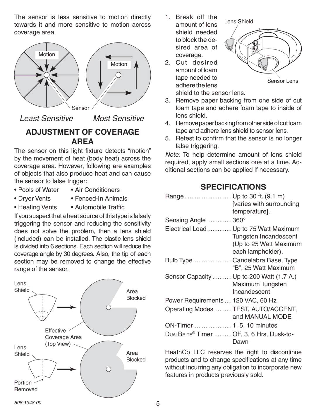 Heath Zenith SL-4303 warranty Adjustment of Coverage Area, Specifications 