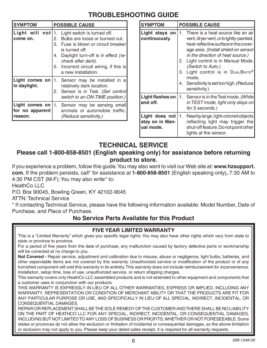 Heath Zenith SL-4303 warranty Troubleshooting Guide, Technical Service, No Service Parts Available for this Product 