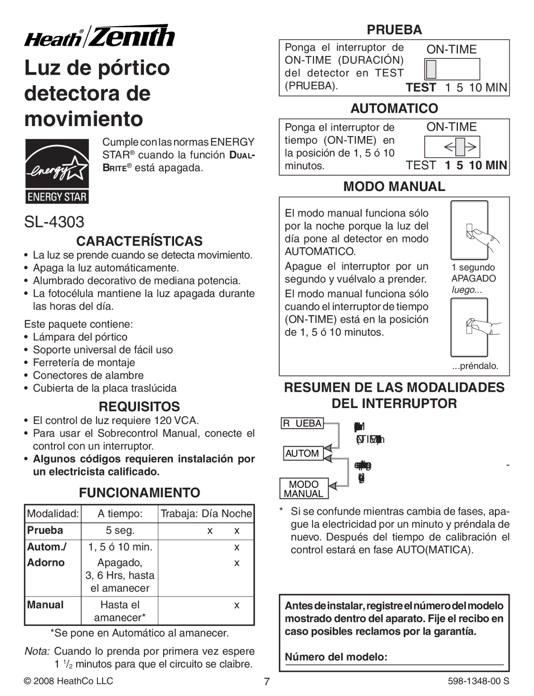 Heath Zenith SL-4303 warranty Prueba, Automatico, Modo Manual, Funcionamiento 