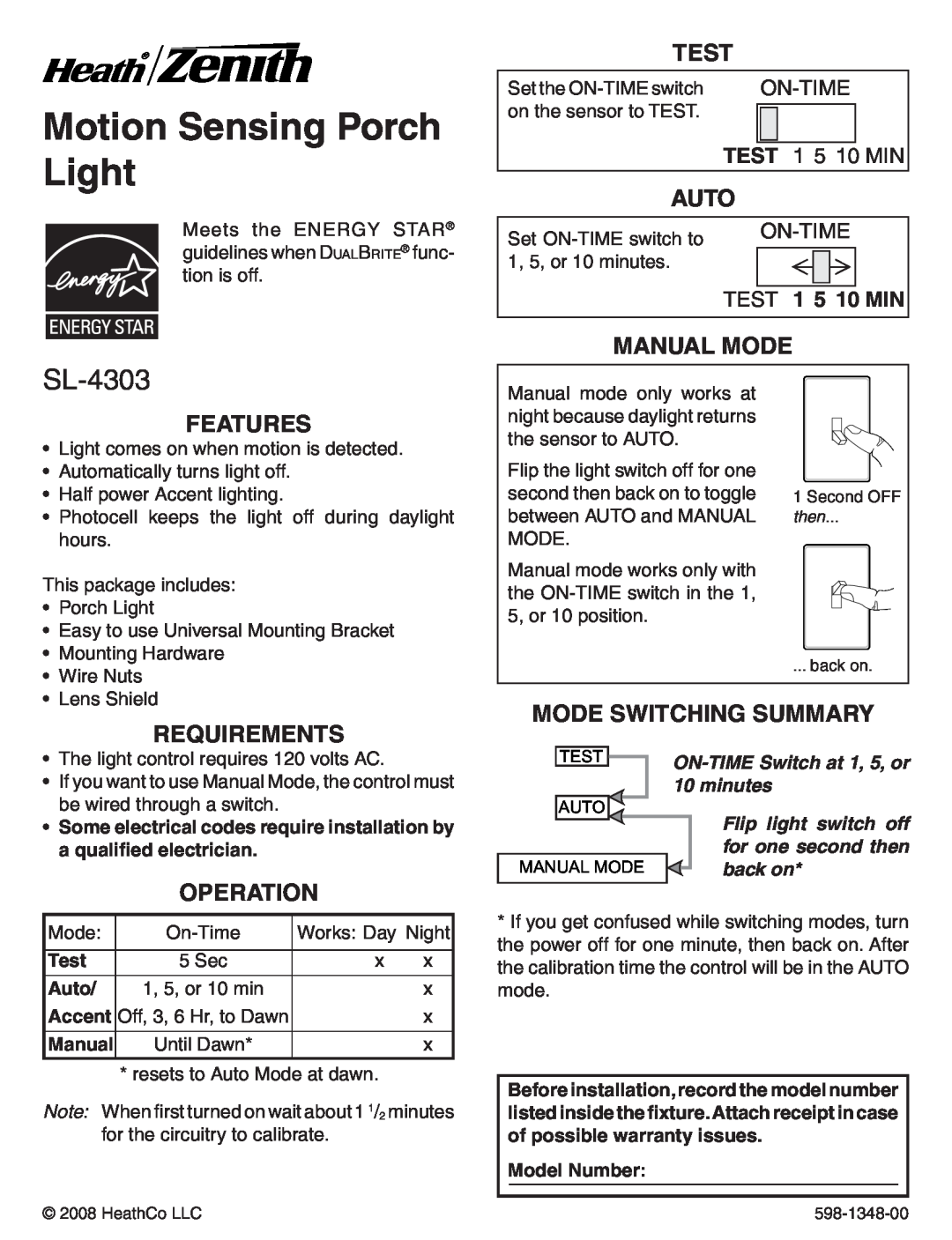 Heath Zenith SL-4303 warranty Motion Sensing Porch Light, Test, Auto, Manual Mode, Features, Requirements, Operation 