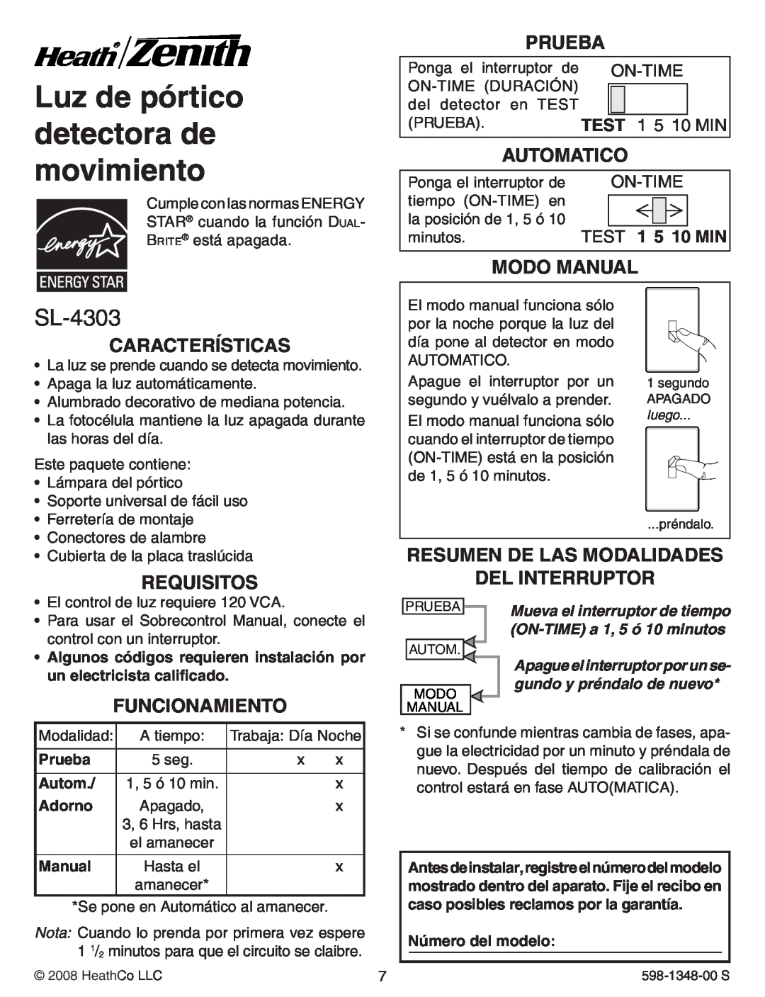 Heath Zenith SL-4303 Luz de pórtico detectora de movimiento, Prueba, Automatico, Modo Manual, Características, Requisitos 