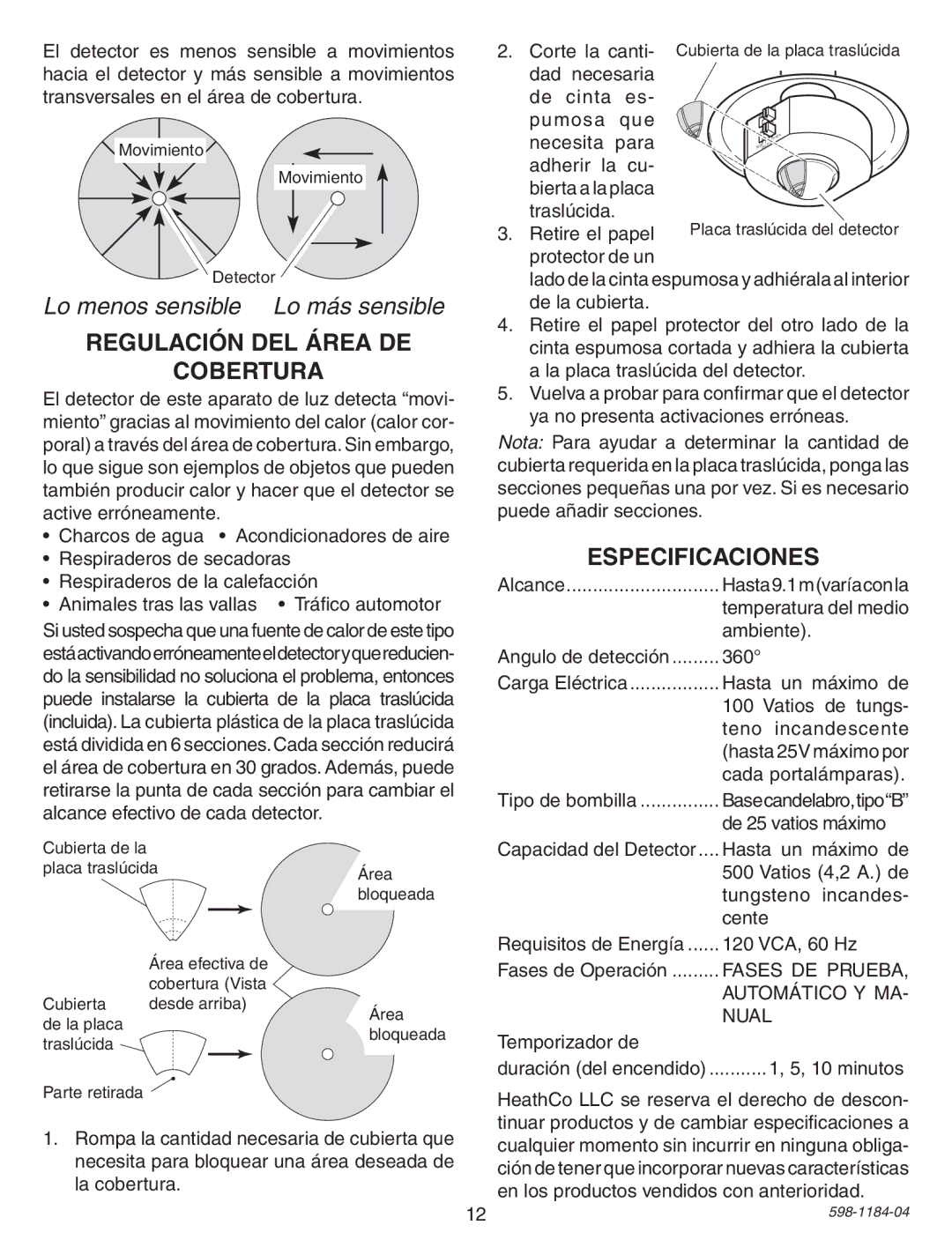 Heath Zenith SL-4305 warranty Regulación DEL Área DE Cobertura, Especificaciones 