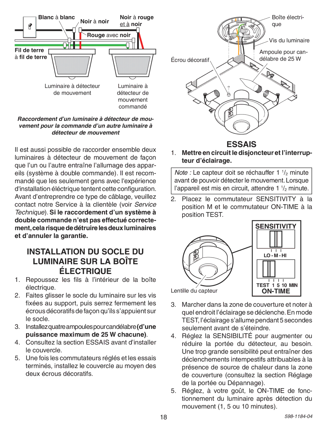 Heath Zenith SL-4305 warranty Essais, Installation DU Socle DU Luminaire SUR LA Boîte Électrique 