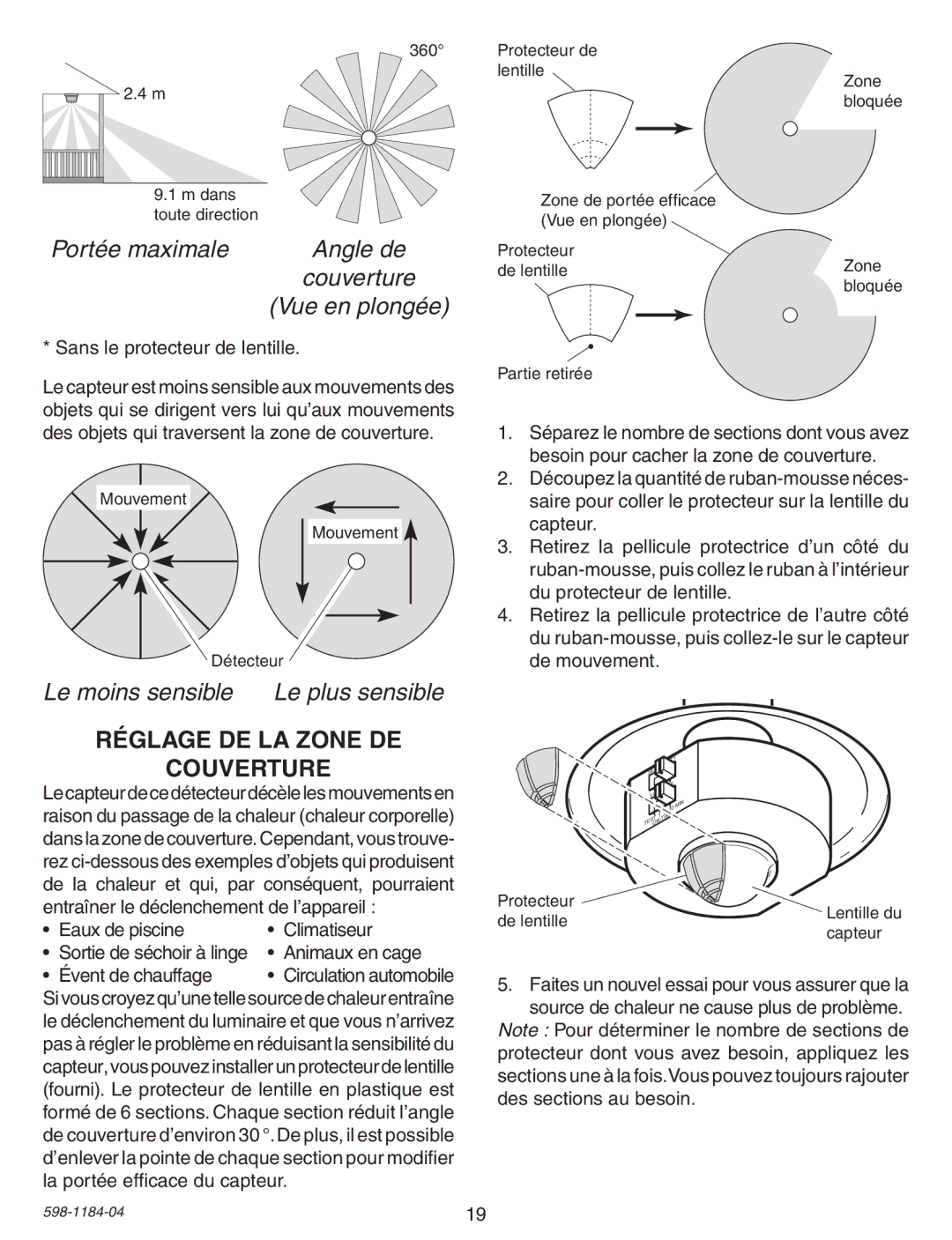 Heath Zenith SL-4305 warranty Réglage DE LA Zone DE Couverture, Sans le protecteur de lentille 