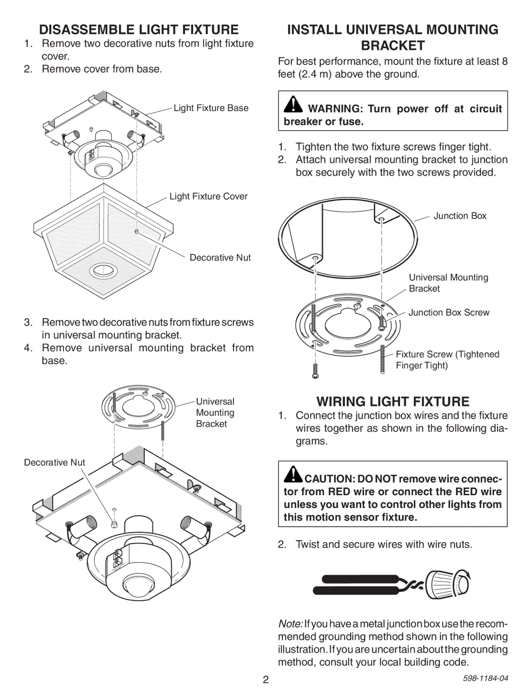 Heath Zenith SL-4305 warranty Disassemble Light Fixture, Install universal Mounting Bracket, Wiring Light Fixture 