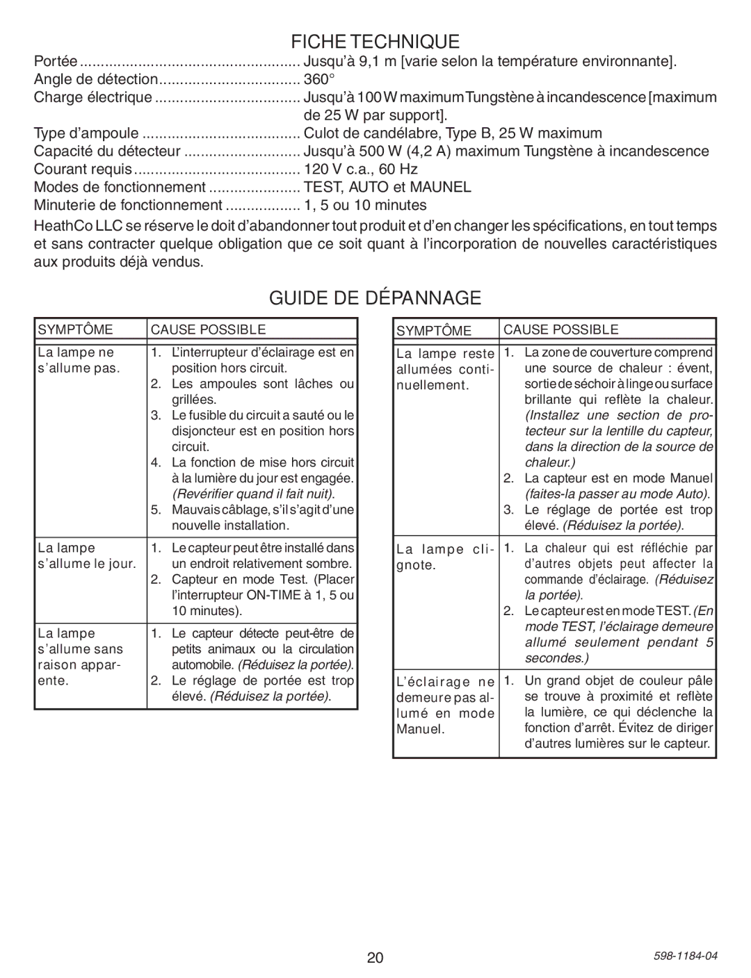 Heath Zenith SL-4305 warranty Fiche Technique, Guide DE Dépannage 