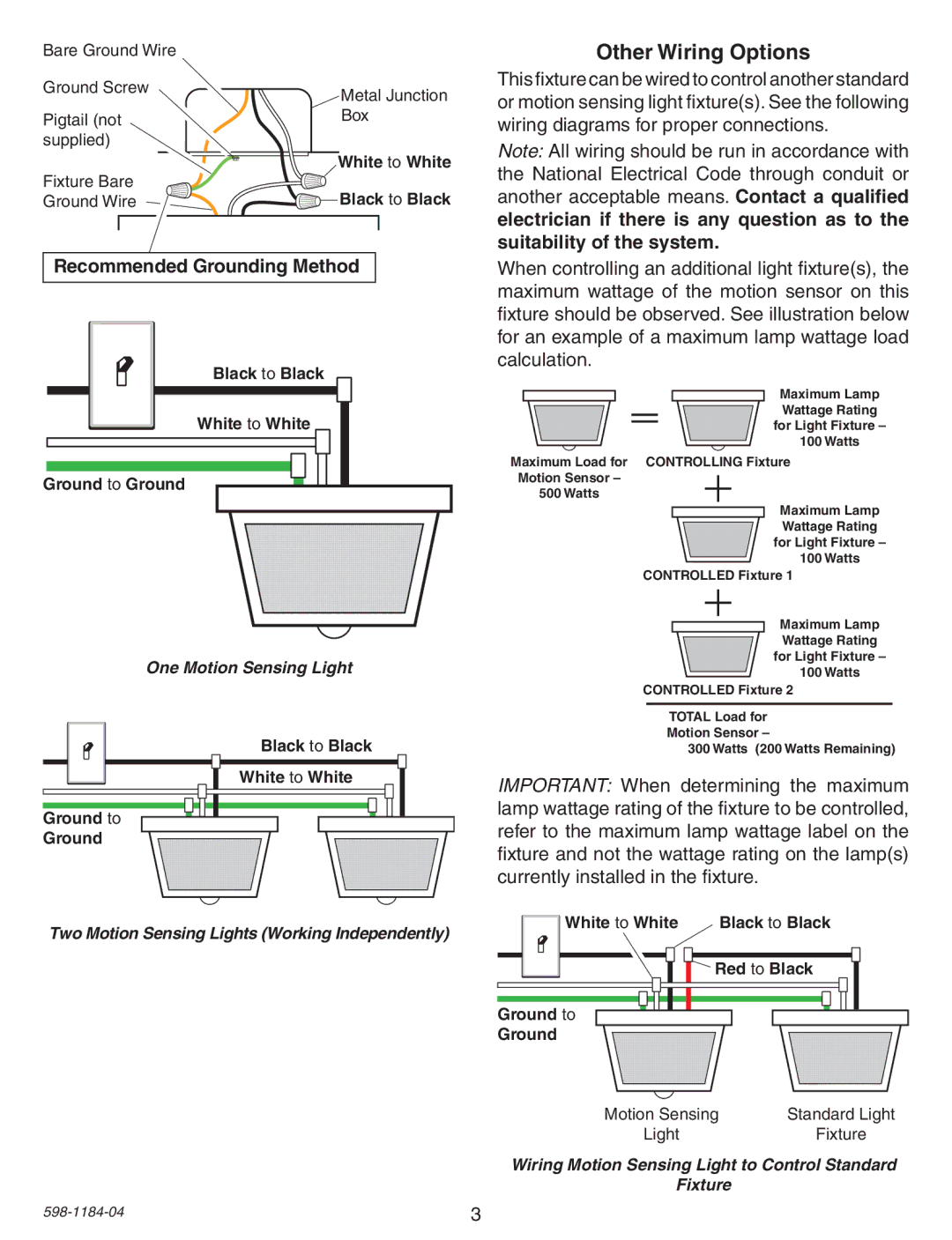 Heath Zenith SL-4305 Other Wiring Options, Recommended Grounding Method, Black to Black White to White Ground to Ground 