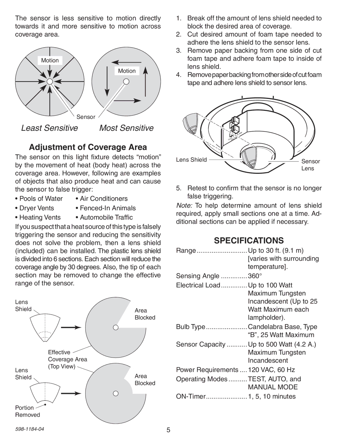 Heath Zenith SL-4305 warranty Adjustment of Coverage Area, Specifications 