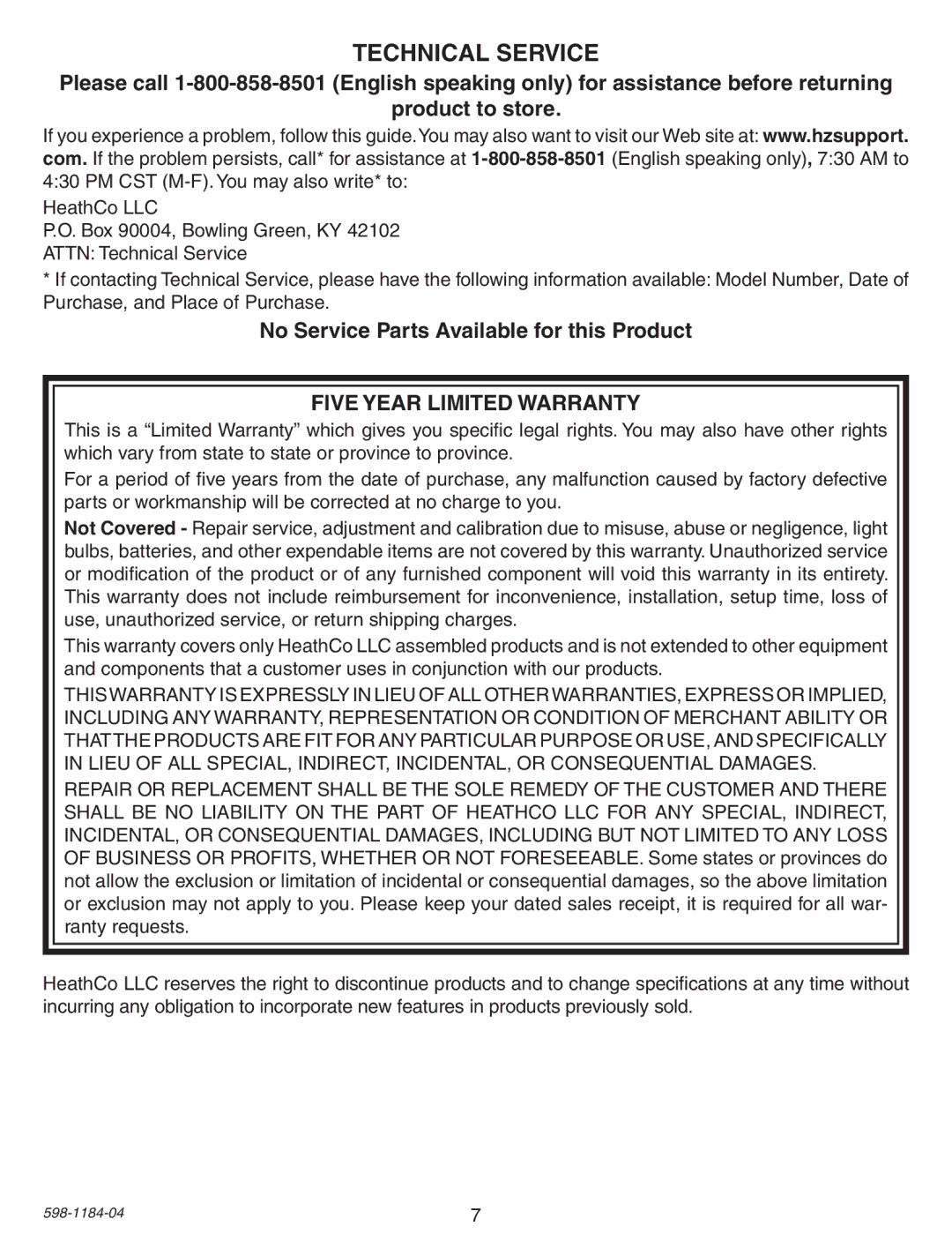 Heath Zenith SL-4305 warranty Technical Service, No Service Parts Available for this Product 