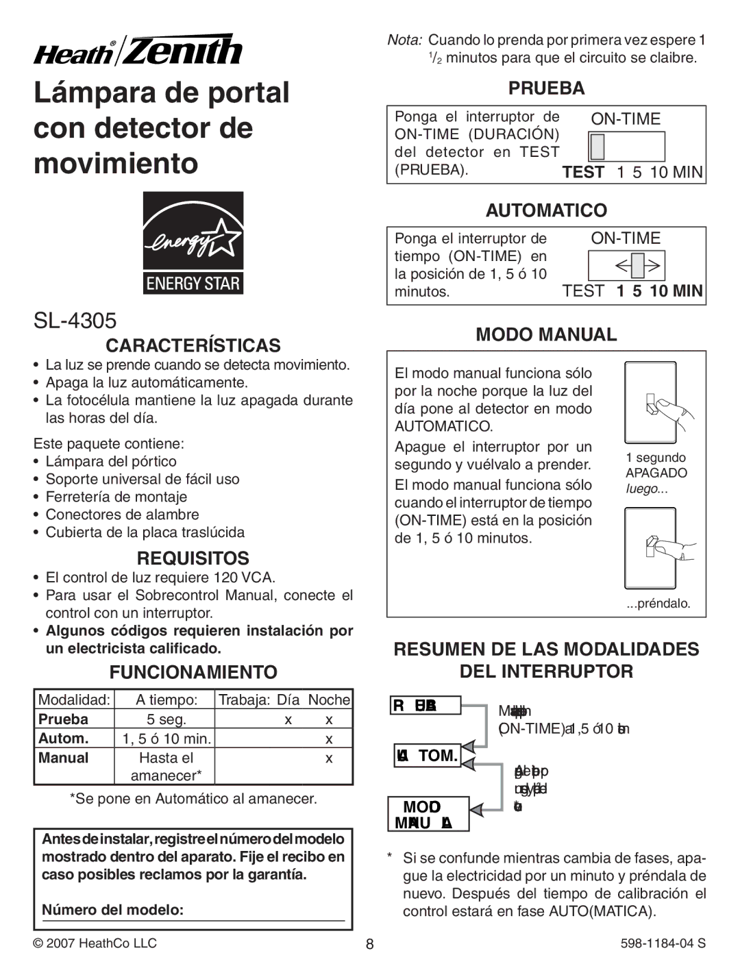 Heath Zenith SL-4305 warranty Prueba, Automatico, Modo Manual, Funcionamiento 