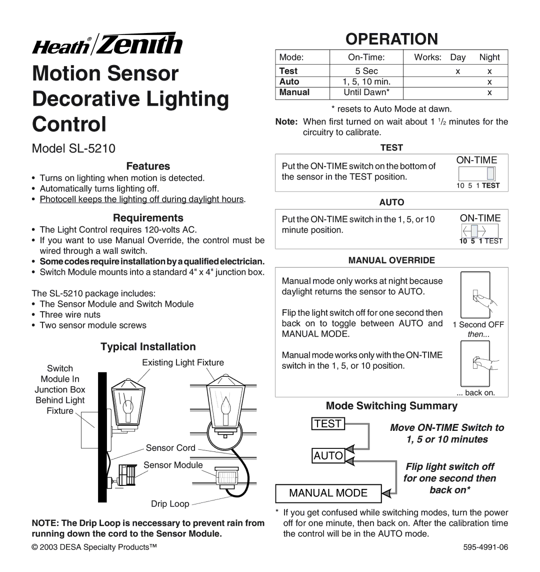 Heath Zenith manual Operation, Model SL-5210 